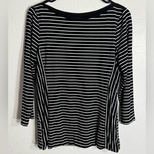 White House Black Market M Black White Striped Boatneck Stretch Top 3/4 Sleeve
